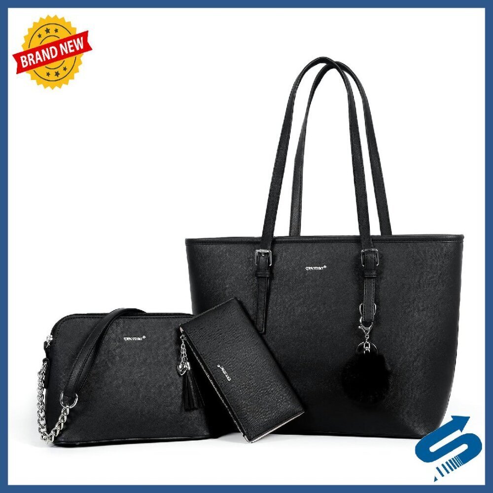 Large 3pc Synthetic Leather Tote Set with Shoulder Bag & Wallet for Work Travel